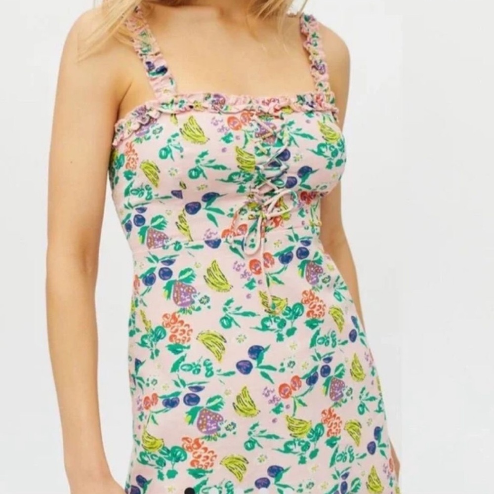 Urban Outfitters Pink Lace Up Vibrant Fruit Print Dress